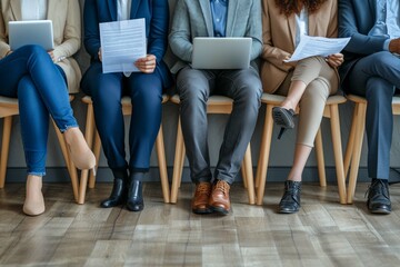 Legs of unrecognizable business people sitting on the chairs in a row with resumes and laptops in their hands. Group of a staff. Job candidates seekers waiting for interview invitation turn. Banner.