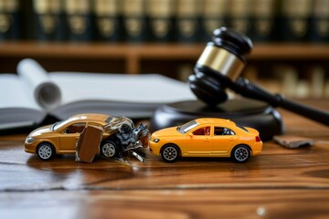 Little crashed autos on table in courtroom. Gavel and two small toy car models on desk in...