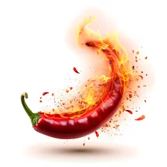Foto op Canvas Hot red chili pepper on fire isolated on white background © Oksana