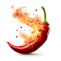 Hot red chili pepper on fire isolated on white background