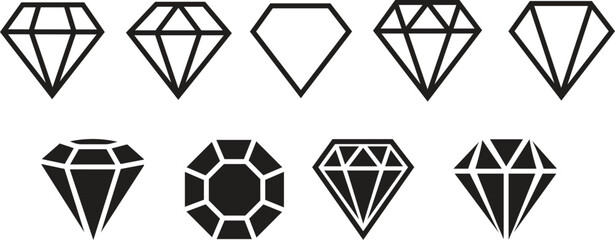 A set of diamonds in a flat style. Abstract black royal diamond collection icons. Linear outline sign. Vector icon logo design isolated on transparent background. For web, computer and mobile app