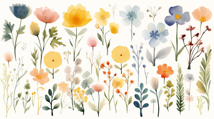 Set of hand drawn watercolor flowers and plants on white background. 