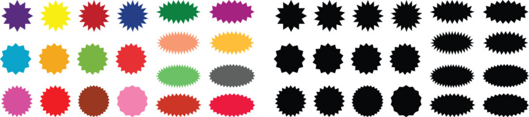 Starburst sale sticker or ribbon icon set of black or colorful price, discount, sunburst badges flat vector. Special offer price tag promotional shopping label isolated transparent background