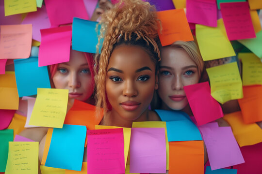 Trois visages de femmes de diverses origines et &acirc;ges visibles &agrave; travers un mur de post-it : concept de politique diversit&eacute; et inclusion en entreprise, voir au-del&agrave; des injonctions et rapports 
