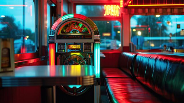 Retro style cafe restaurant with art deco furnishings and jukebox