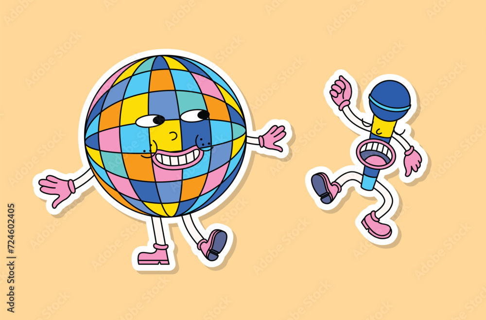 Wall mural Cartoon Color Disco Ball and Microphone Retro Music Mascots Sticker Set Concept Flat Design Style. Vector illustration