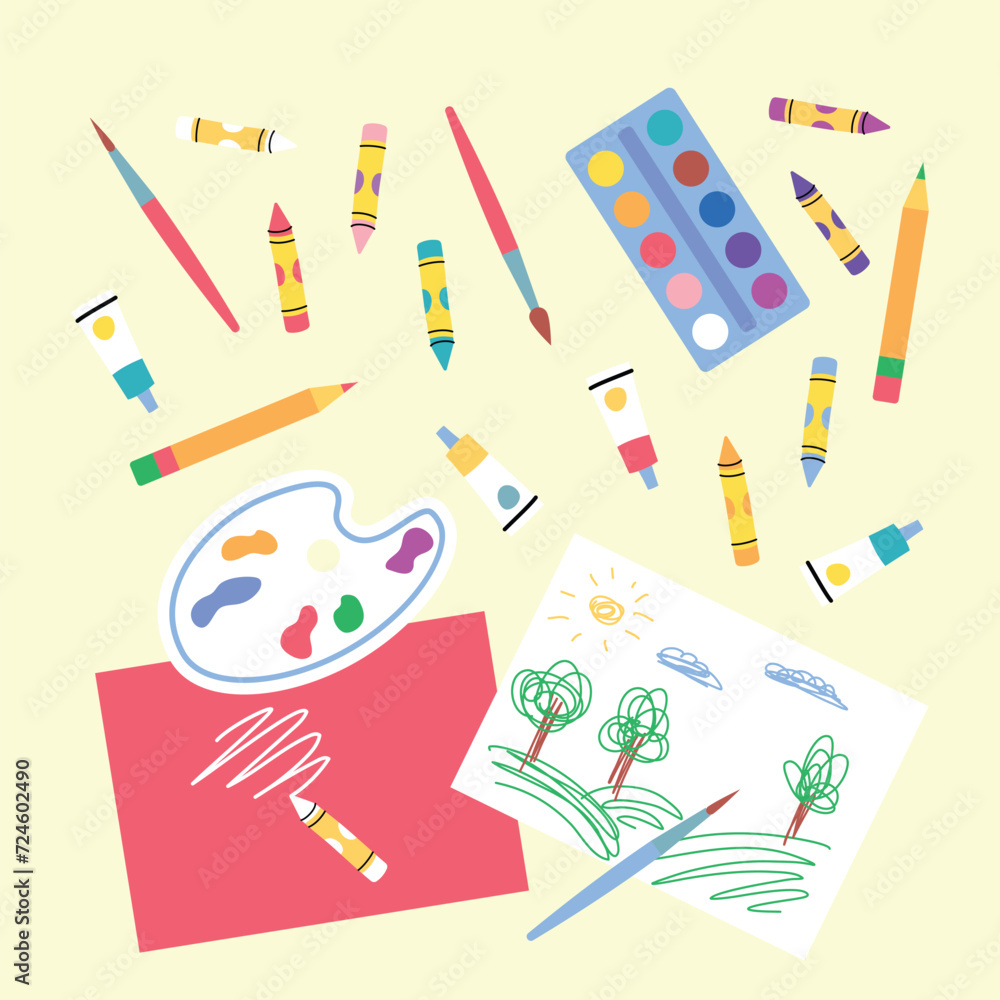 Poster cartoon color drawing element set concept flat design style include of brush, paint and palette. vec