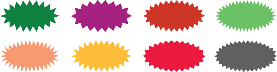 Starburst sale sticker or ribbon colorful icon set price, discount, sunburst badges flat blank vector. Special offer price tag promotional shopping label isolated transparent background