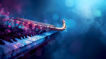 Abstract jazz concept with a saxophone on neon-glowing piano keys. Saxophone merges with piano keys in a vibrant jazz fusion fantasy. Musical improvisation captured with a sax over illuminated piano - obrazy, fototapety, plakaty