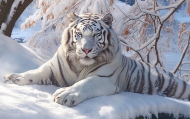 Fototapeta na wymiar White Tiger Relaxing in Snowy Expanse