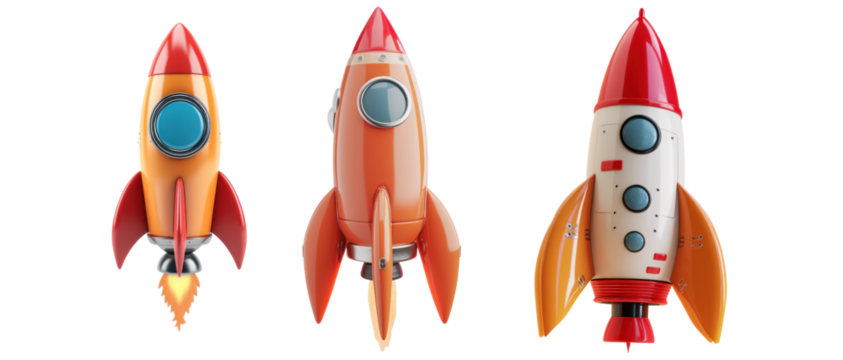 3D minimalist rocket element set on transparent background
