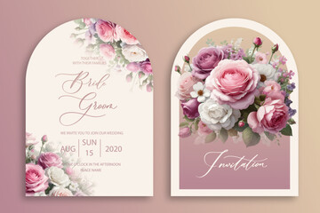 Luxury arch wedding invitation card background with garden watercolor botanical pink roses and leaves. Abstract floral art background vector design for wedding and vip cover template. - obrazy, fototapety, plakaty