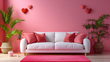  Interiorof living room with sofa and decor for Valentine day, generative ai