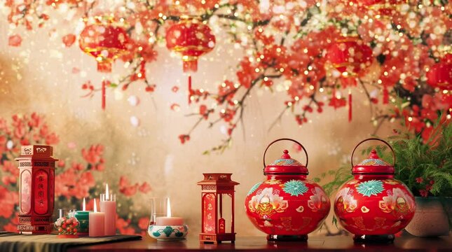 Chinese New Year decoration lanterns Seamless looping 4k time-lapse virtual video animation background. Generated AI
