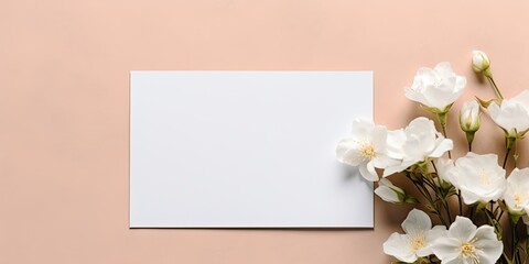 Greeting card mockup with white flowers on table.