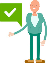 Bald Businessman Character and Check Mark
