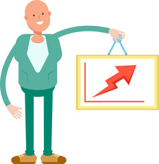 Bald Businessman Character Holding Arrow Chart
