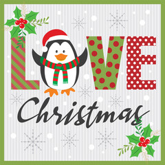 Fototapeta na wymiar christmas card with penguin and love text