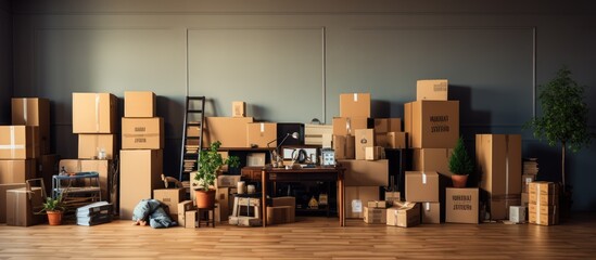 Cardboard boxes with various items in an empty room. Office moving concept