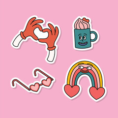 Cartoon Color Groovy Hippie Valentine Day Stickers Set Romantic Holiday Concept Flat Design Style. Vector illustration