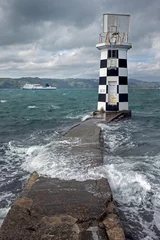 Fototapeten Lighthouse and interislander ferry. at Halswell point. Wellington New Zealand. Bay. Sea. Coast. © A