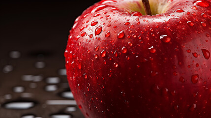 Red apple with water drops on a dark background. Close-up.