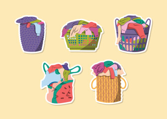 Cartoon Color Laundry Basket with Clothes Sticker Set. Vector illustration of Messy Pile of Dirty Clothing Items in Baskets