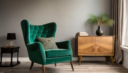 emerald green wing back chair with pillow in grey living room interior with wooden commode