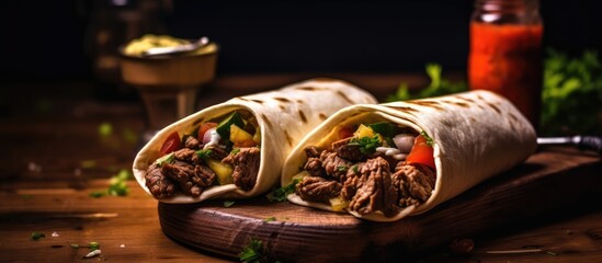 Beef burritos, served on a table with copy space view