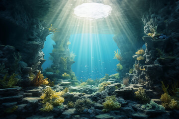 Fototapeta na wymiar Underwater view of the coral reef with fishes and rays of light. Hyper realistic illustration