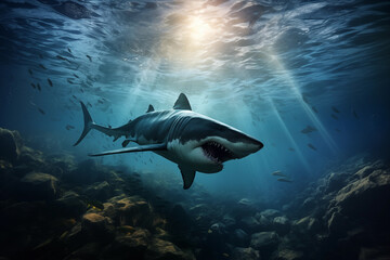 Fototapeta premium Great White Shark Carcharodon carcharias swimming underwater. Hyper realistic illustration