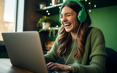 A Caucasian woman dressed in green for st Patrick's day laughing during video call