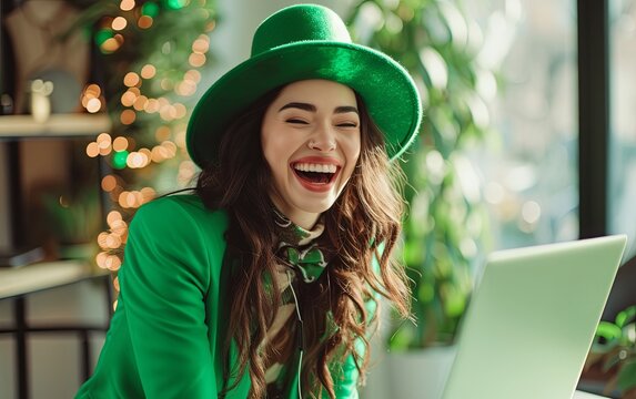 A Caucasian woman dressed in green for st Patrick's day laughing during video call - Powered by Adobe