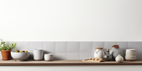 Fototapeta na wymiar Empty kitchen mockup with utensils on white background. Wide banner.