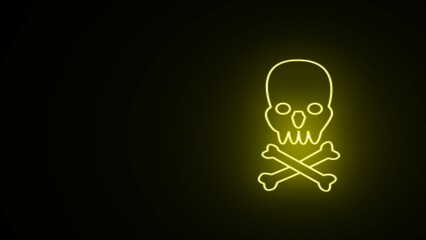 Neon skull symbol skull and crossbones icon isolated on yellow. Neon skull and crossbones icon on black background. Pirate flag skull and crossbones and bones icon.