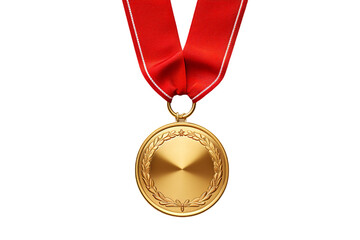 Gold Medal With Red Ribbo Realistic bronze empty medal on red ribbon. Sports competition awards for third place. Championship reward for victories and achievements transparent background Generative Ai