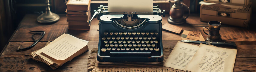 Vintage old aged black typewriter on a table, old letters, and inkwell, - obrazy, fototapety, plakaty