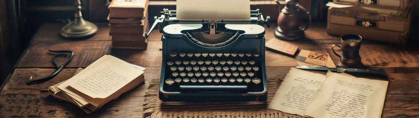 Foto op Plexiglas Vintage old aged black typewriter on a table, old letters, and inkwell, © Pongsapak