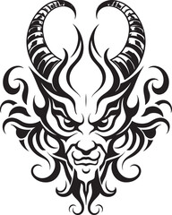 Naklejka premium Stygian Symbolism Devilhead Tattoo Design in Ebony Vector Infernal Insignia Black Devilhead Logo Vector Icon