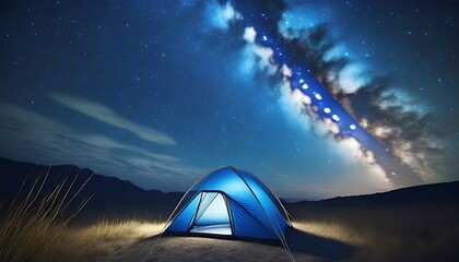 blue tent with light under starry night