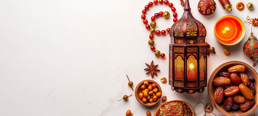 Ramadan kareem holiday concept with dried dates, fruits and decorations on bright background. Top view, flat lay