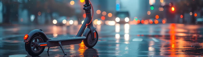 Electric scooters and Segways with a cityscape backdrop, symbolizing modern urban mobility....