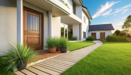 grass in pot and wooden path in front of front door stylish suburban house