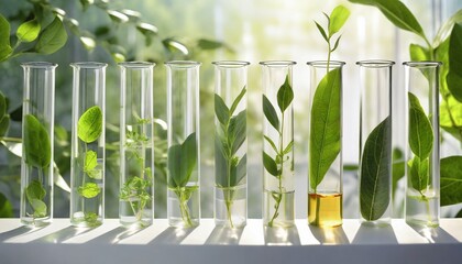 medicine biology laboratory of organic plant experiment test in glasses tube of cosmetic chemistry research medicals chemical biotechnology science of nature leaf and green herbal oil technology