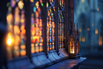 Gothic cathedral replicas with stained glass elements. Beautiful colorful gothic stained cathedral window, radiating light and intricate patterns