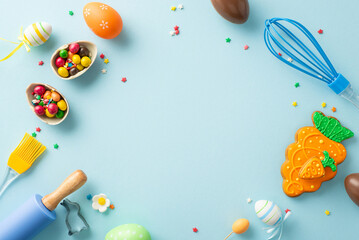 Easter delight at confectionery store. Top view of table with baking tools. Adorable pastry, cookie cutter, chocolate eggs, candies, sprinkles on light blue background. Text-friendly space available