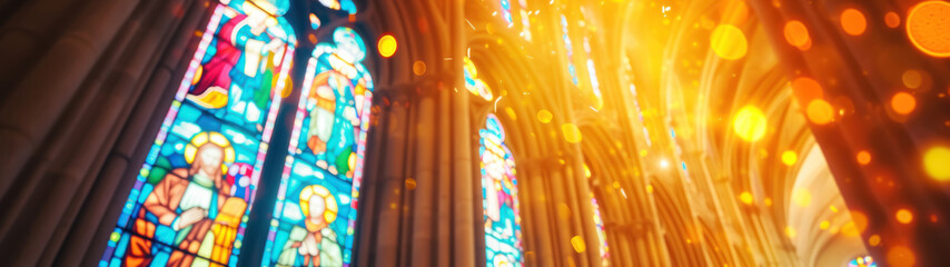 Gothic cathedral replicas with stained glass elements. Beautiful colorful gothic stained cathedral window, radiating light and intricate patterns