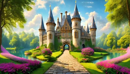 grand and enchanting game art castle straight out of a fairy tale complete with towering turrets a drawbridge and a sprawling garden - obrazy, fototapety, plakaty