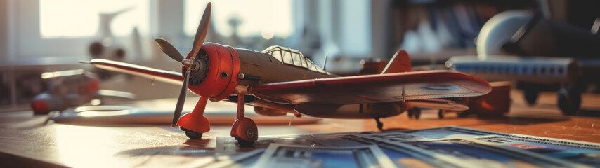 Model airplanes of different eras, from early biplanes to modern jets, displayed with flight...