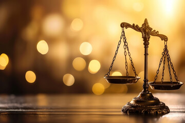 Scales of justice with a faint light glow, depicting Justice. justice concept. bokeh. Judicial gavel - obrazy, fototapety, plakaty